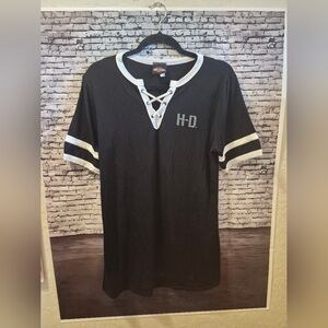 Harley-Davidson Black Short Sleeve Lace-Up V-Neck Top with White Trim